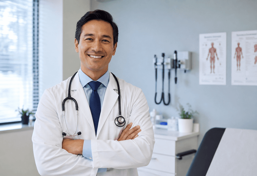 Smiling doctor in a white coat, representing the primary care focus of Lucenra's revenue cycle management services